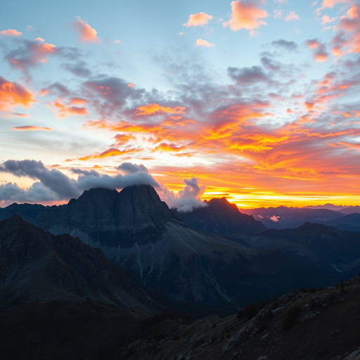 capture a dramatic sunset over rugged mountain peaks with vibrant clouds, shot at a 50mm lens, aperture f/8, ISO 100, using a DSLR camera with a wide-angle view and high dynamic range for enhanced detail and colors