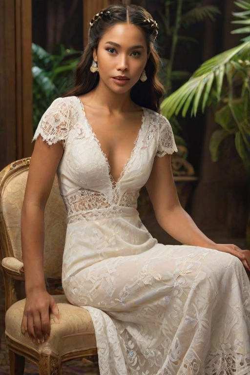 Create a portrait of a refined and elegant Hawaiian woman seated in a sophisticated setting. She has long, wavy hair styled in two thick braids that are pulled over her shoulders. She wears a white, lace gown with intricate patterns, featuring a deep V-neckline and short sleeves. The dress exudes a vintage charm with its delicate lacework. She is adorned with ornate, dangling earrings that add a touch of glamour to her appearance. The background is softly lit, with warm, ambient lighting that creates a cozy and inviting atmosphere. Her expression is poised and serene, capturing a sense of grace and elegance.