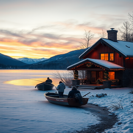 A serene winter scene at sunset featuring a cozy cabin adorned with holiday lights by a snowy lake, with two men fishing from a small boat, snow-capped mountains in the background; shot using a DSLR camera at f/8 aperture, 1/250 sec shutter speed, ISO 200, 24mm focal length, wide-angle view for a vibrant landscape and detail enhancement.