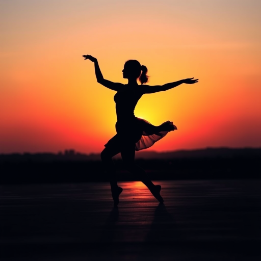 Create a black silhouette of a dancer in mid-motion against a vibrant sunset background with a wide-angle lens, aperture set at f/11, ISO 100, shot with a DSLR camera from a low angle to emphasize the figure's movement and enhance image quality.
