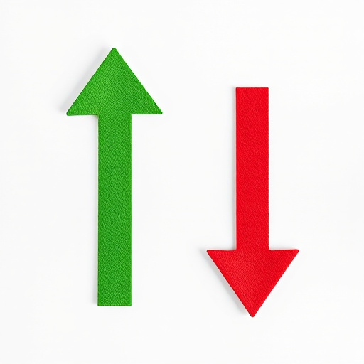 Create an image of a green upward arrow and a red downward arrow on a plain background, using a Canon EOS 90D camera at f/8, ISO 100, with a 50mm lens, in a top-down view, high resolution.