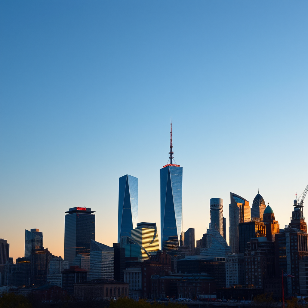 high-resolution city skyline at dusk, prominent skyscrapers and unique architecture, Canon EOS 5D Mark IV, 24mm lens, f/8 aperture, ISO 100, HDR mode, wide-angle view, vibrant colors, clear sky background