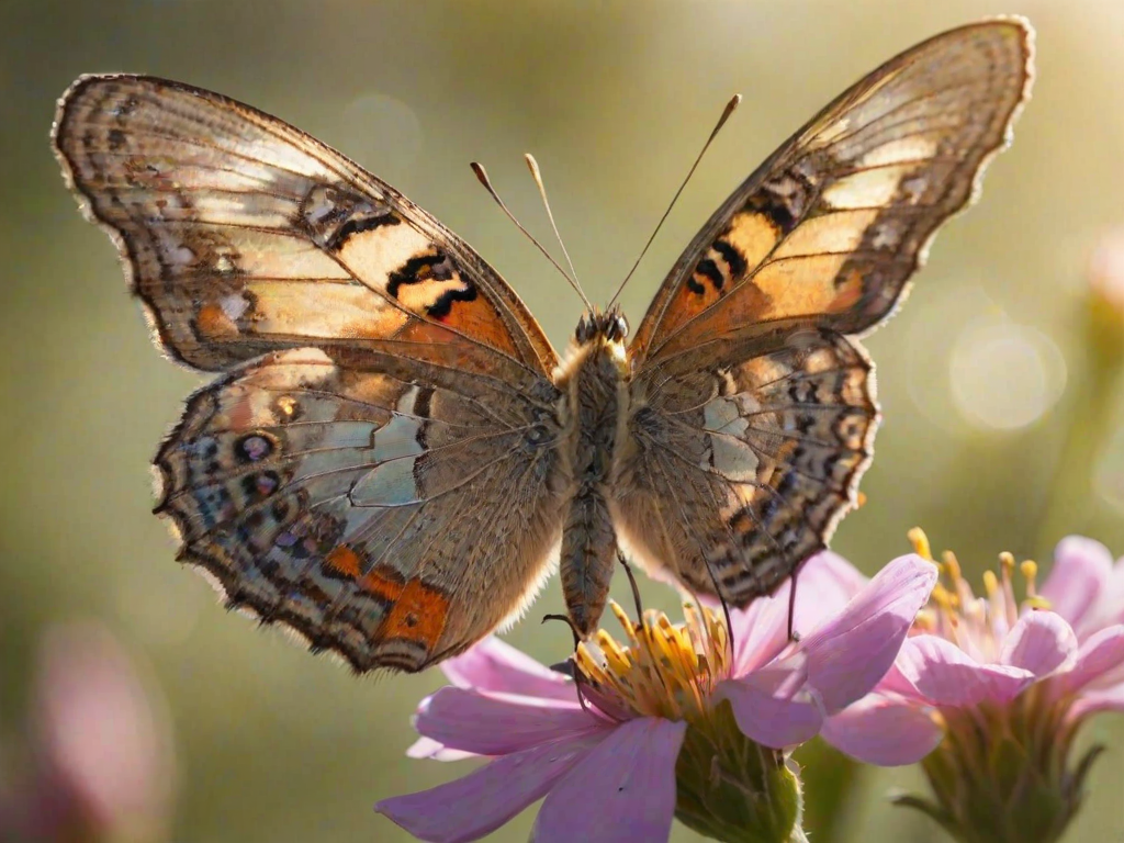 Sharp, detailed close-up of a butterfly resting on a blooming flower, soft sunlight reflecting off its wings, tiny details of the flower's petals visible, and the feeling of serenity and the natural beauty of spring.