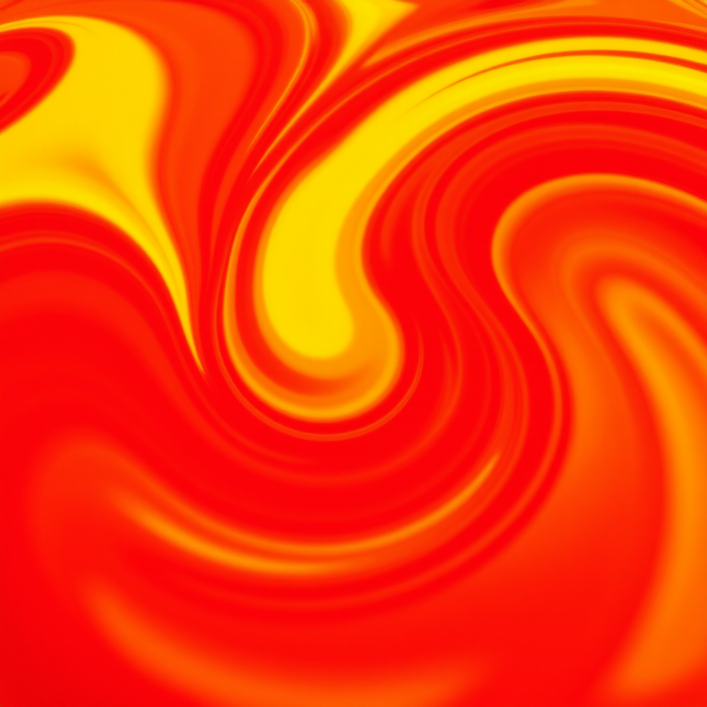 Create an abstract image featuring swirling patterns in vibrant shades of red and yellow with smooth gradients, using a DSLR camera with a 50mm lens at f/2.8, ISO 100, and a focus on depth of field, captured from a high-angle perspective.