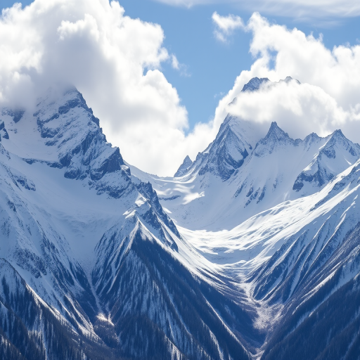 Snow-covered mountain landscape with dramatic peaks and clouds, captured with a DSLR camera at 24mm focal length, f/8 aperture, ISO 100, using a wide-angle lens to enhance depth and clarity in bright daylight.