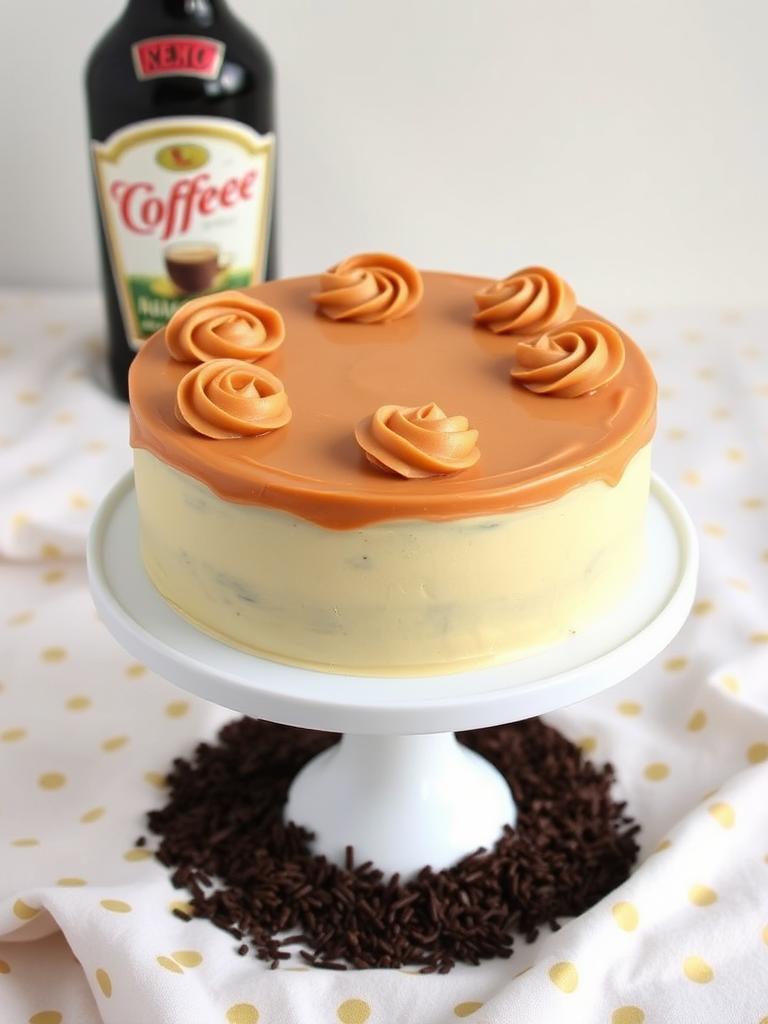 A beautifully decorated round cake on a white pedestal with a smooth caramel-colored frosting decorated with swirls on top and chocolate sprinkles around the base with a bottle of coffee liqueur in the background and a light fabric with gold polka dots beneath it.