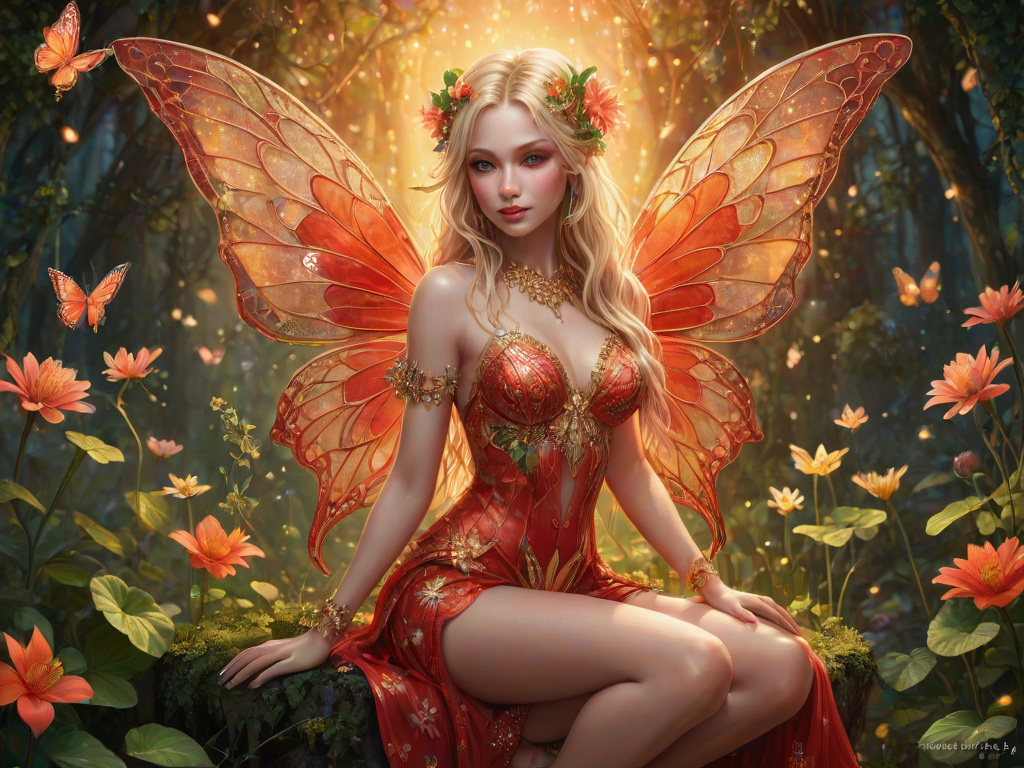 A digital artwork features a winged fairy with delicate Coral butterfly wings, adorned with intricate Meadow andNeon patterns. She is seated on a vibrant Shamrock flower, wearing a revealing red two-piece outfit with sparkling beadwork. Her fair skin, long blonde hair, and gold jewelry add to her ethereal appearance. The background is a warm, golden gradient, creating a magical atmosphere. Small glowing orbs and sparkles surround the flower, enhancing the enchanting, highly detailed, and realistic scene.