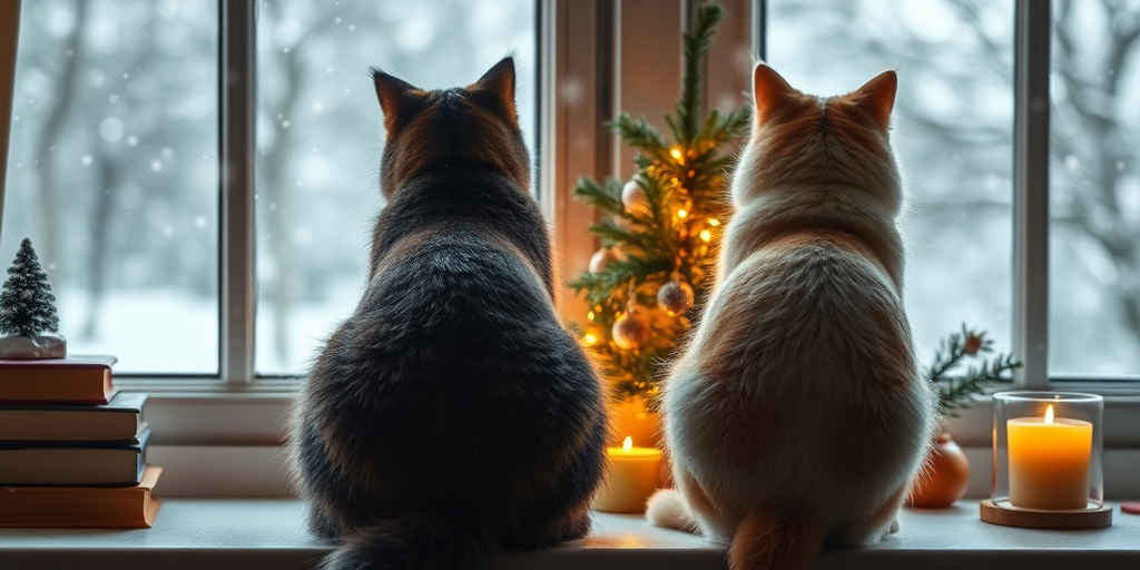 Create a cozy winter scene featuring two cats with their backs to the viewer, sitting on a windowsill, gazing at snowflakes falling outside, decorated with a small Christmas tree, stacked books, and a lit candle, captured with a DSLR camera at f/2.8, ISO 200, 50mm lens, natural light, focusing on the cats in a shallow depth of field.