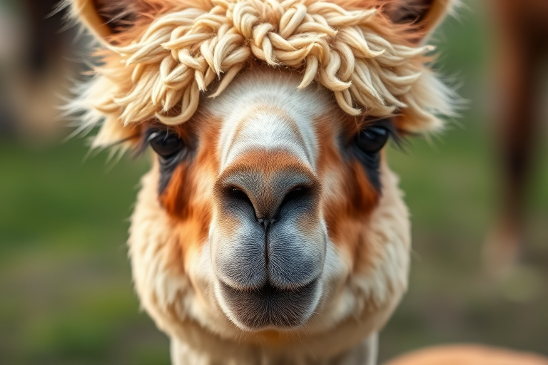 Generate a high-resolution close-up image of an alpaca with sharp focus on its facial features, aperture f/2.8, shutter speed 1/500s, ISO 100, using a DSLR camera, 85mm lens, and natural soft lighting for enhanced detail and texture.