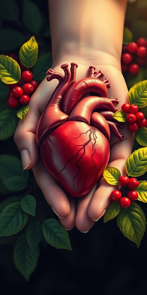 Create a highly detailed illustration of a human heart held in a hand, surrounded by vibrant green leaves and red berries, with soft lighting and a high contrast background; use a Canon EOS R5 with a 50mm lens at f/1.8, ISO 200, and a shutter speed of 1/200s for enhanced image quality and clarity.