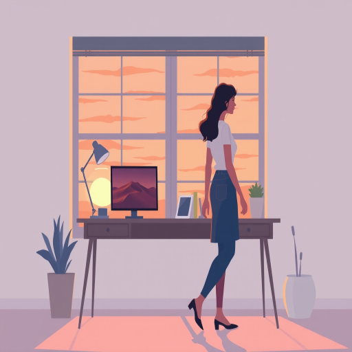 Create an illustration of a woman walking past a desk with a computer, featuring a sunset view through a window, in a minimalist style with soft pastel colors, using a digital art approach, with a resolution of 300dpi, and a canvas size of 1920x1080 pixels.