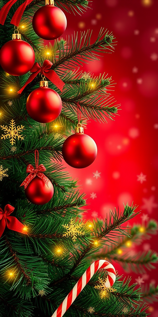 Create a festive Christmas background featuring lush green pine branches adorned with bright red ornaments and sparkling lights. Include delicate golden snowflakes and candy canes, with a deep red backdrop filled with soft glowing stars and a warm holiday ambiance.