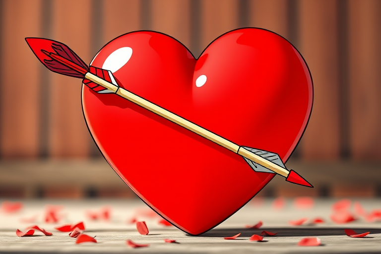 Create a vibrant cartoon-style image of a large red heart with an arrow pierced through it, using a shallow depth of field, shot with a Canon EOS 90D at f/2.8, ISO 100, in natural light, capturing the image from a frontal view with a slight tilt to enhance depth.