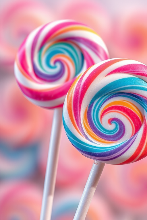 Create a high-resolution digital illustration of two lollipops with swirled colors, using a shallow depth of field, 50mm lens at f/1.8, 1/200s shutter speed, soft natural lighting, and a slight top-down angle to enhance the colors and details.