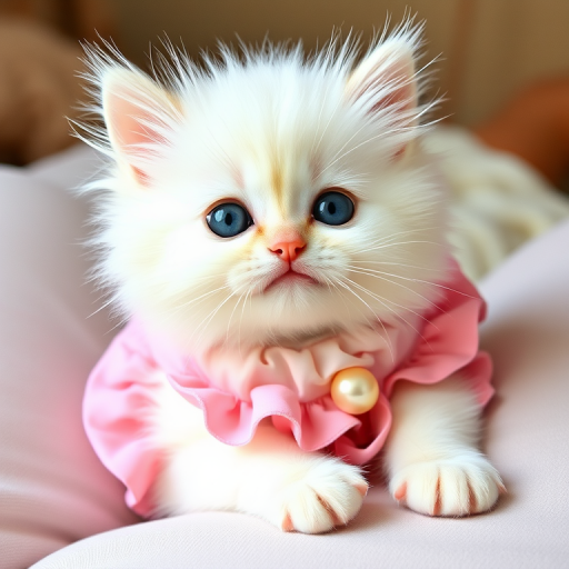 Fluffy white kitten with big blue eyes wearing a cute pink outfit with ruffles and a pearl detail, posing playfully while lying on a person's lap, soft background and cozy atmosphere.