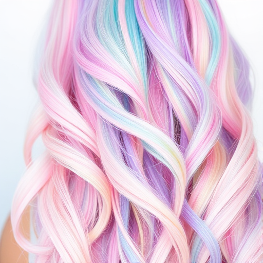 Whimsical pastel rainbow hair featuring soft waves and strategically placed color blocks, creating a dreamy watercolor effect in the playful "Unicorn's Mane" style
