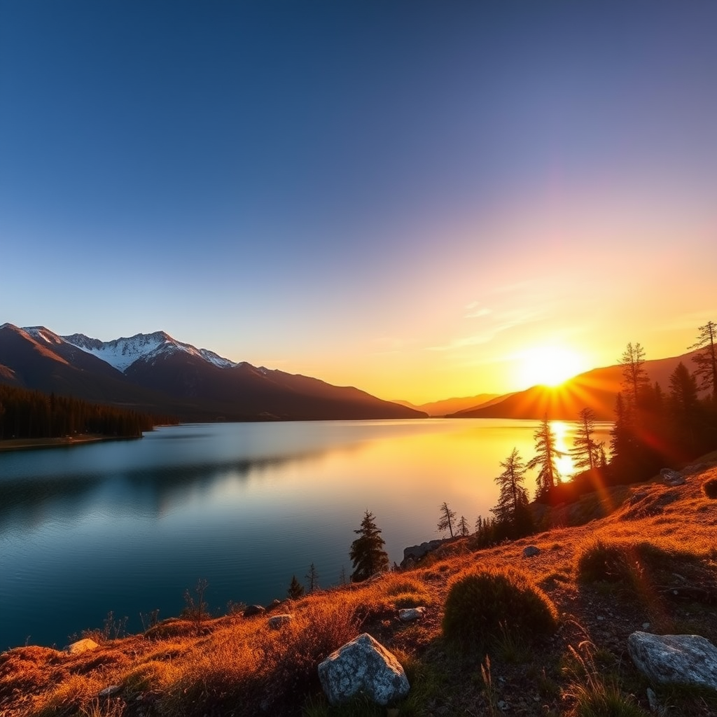 Create a high-quality image of a serene landscape with mountains in the background and a calm lake in the foreground, shot with a DSLR camera using a 50mm lens at f/8, ISO 100, and a shutter speed of 1/125 seconds, capturing the scene during golden hour for warm lighting and vibrant colors.