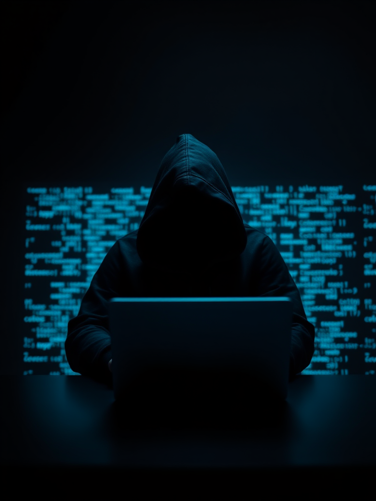Generate an image of a cloaked figure sitting at a laptop in a dark room with blue digital code background, using a Canon EOS R5 with a 50mm f/1.8 lens, aperture set to f/2.8, ISO 400, 1/60s shutter speed, top-down view, and soft focus to enhance the mystical atmosphere.