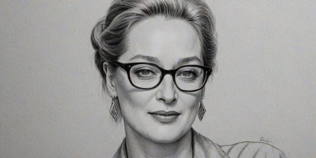Exquisite Meryl Streep, pencil sketch, portrait of Captivating woman 1954s in glasses, hair style beatnik, outline, clear lines, fine lines, 8k