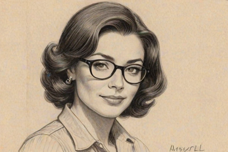 Comely Marisol Nichols, pencil sketch, portrait of Magnificent woman 1948s in glasses, hair style beatnik, outline, clear lines, fine lines, 8k