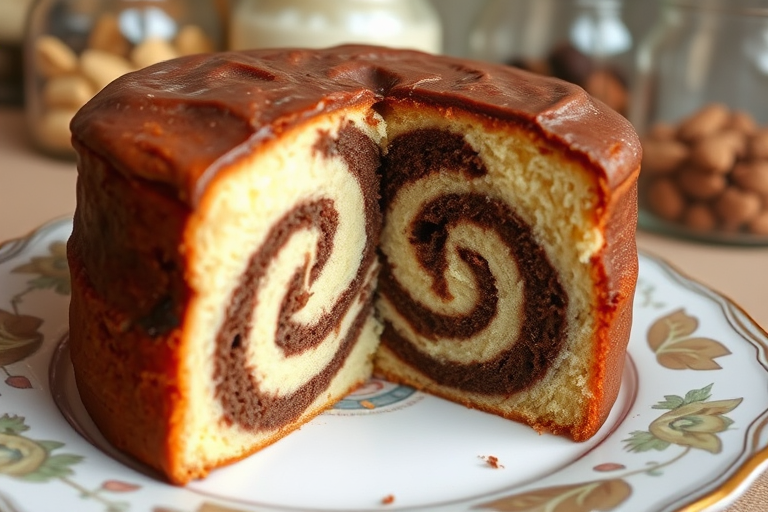 A beautifully sliced marble cake showing distinct layers of vanilla and chocolate flavors on a decorative plate with a soft focus background of glass jars.