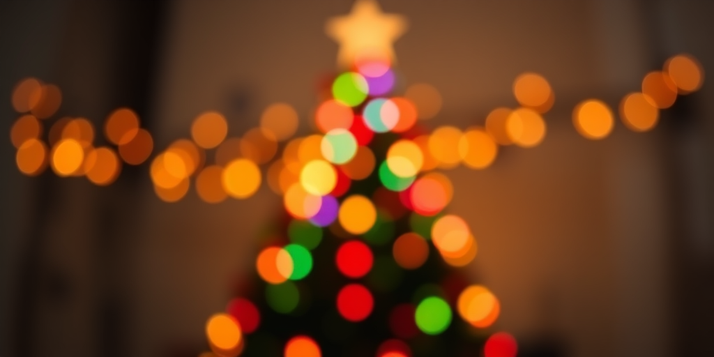 Create a festive bokeh background featuring a Christmas tree shape with colorful lights, using a lens aperture of f/1.8, shutter speed of 1/60 sec, ISO 200, taken from a low-angle, in a soft-focus style with a DSLR camera.