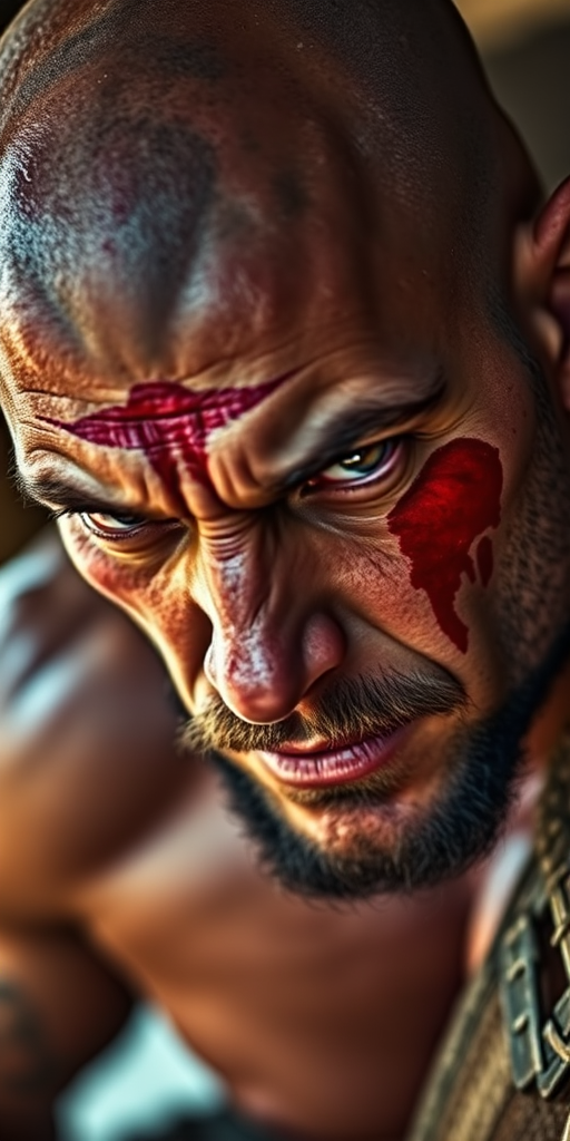 Create a detailed digital portrait of a muscular warrior with a bald head and a red war paint stripe on his face, capturing intense facial features and a fierce expression, using a Canon EOS R5 camera, 85mm lens, f/1.2 aperture, ISO 100, shot in natural light from a low angle to emphasize strength and character.