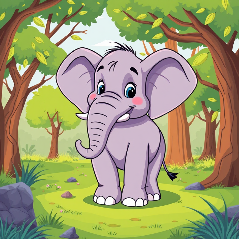 Illustration of a cartoon elephant standing in a stylized nature scene with trees, use a digital illustration style with vibrant colors, 300 DPI, 16:9 aspect ratio, optimized for high-resolution display.