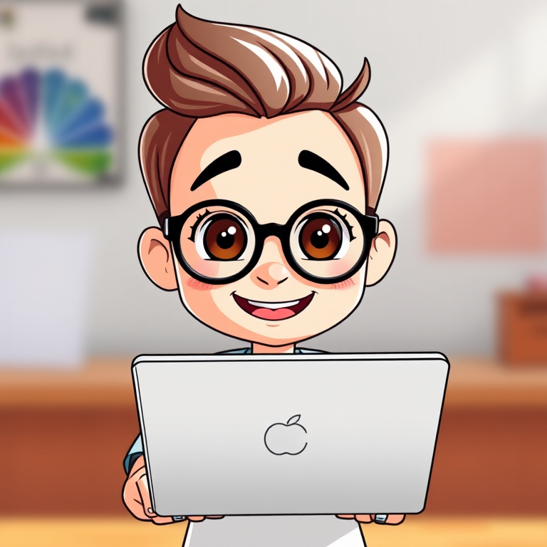 Create an illustration of a cartoon character with short hair wearing glasses, holding a laptop with a friendly smile, in a bright and vibrant style, captured with a Canon EOS R5 at f/8, ISO 100, 50mm lens, natural lighting, shallow depth of field, frontal view.