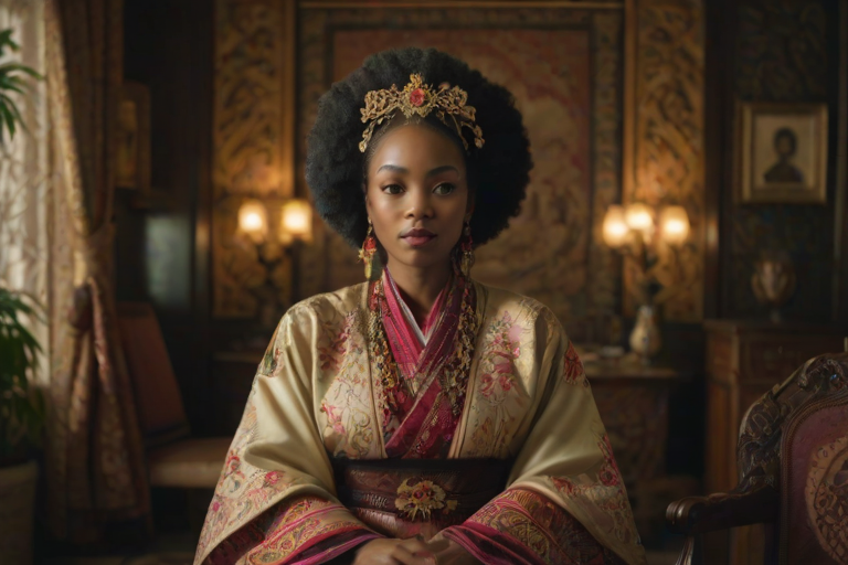A beautiful Afro-Caribbean woman in traditional East Asian attire, intricately detailed with embroidered patterns, sitting gracefully in a richly decorated room, soft ambient lighting, serene and elegant, ultra-realistic, 8K resolution