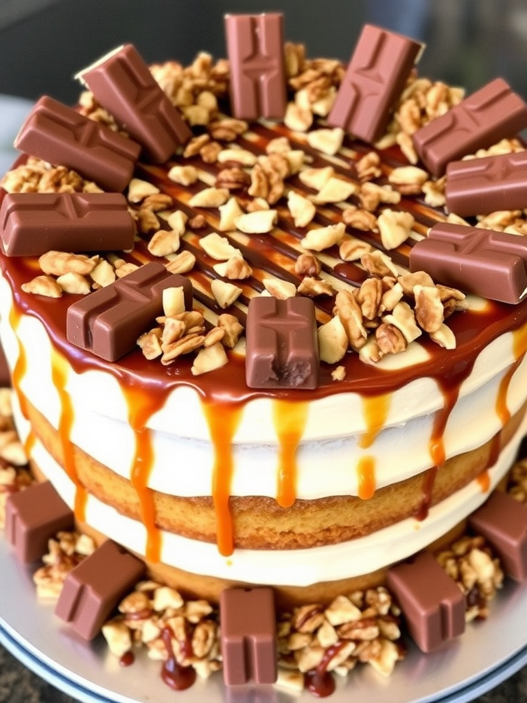 Create a mouthwatering dessert cake featuring layers of creamy frosting topped with chocolate and caramel drizzles adorned with chopped nuts and chocolate bars placed artistically around the edges showcasing a rich and indulgent appearance.