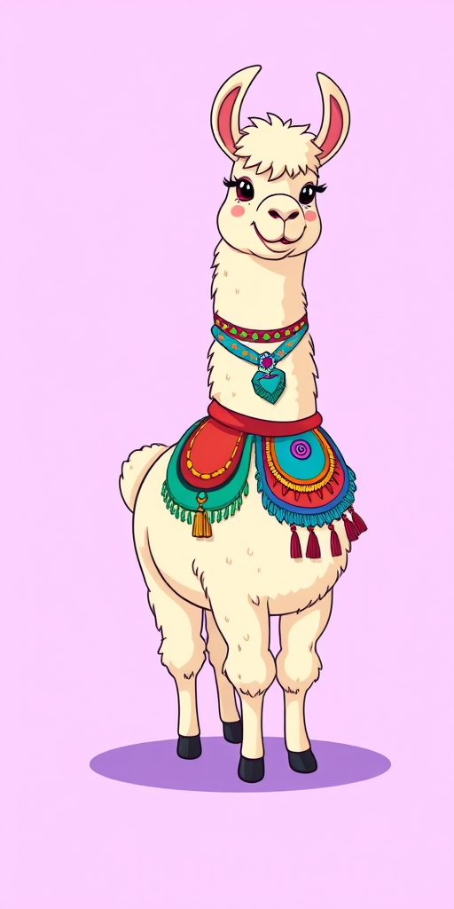 Create a colorful cartoon illustration of a llama with a vibrant saddle and accessories on a solid light purple background, using a digital tablet, 300 DPI resolution, front view, with soft shading and a playful cartoon style.