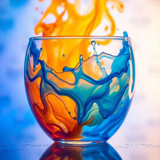 Capture a magical scene of a glass bowl filled with vibrant blue and orange swirling liquids, reminiscent of fire and water, with dramatic splashes and wisps of steam, shot in macro mode using a full-frame DSLR at f/2.8, ISO 100, and a shutter speed of 1/250 sec, with soft, diffused lighting to enhance the colors and textures.