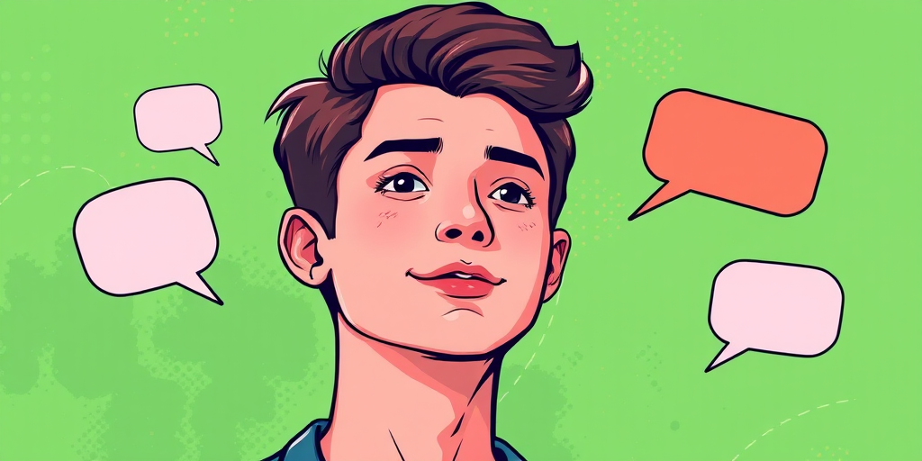 Create a vibrant digital illustration of a person with an abstract green background featuring speech bubbles, use a soft focus lens, set the aperture to f/4 for depth, use a DSLR camera type, and shoot from a slightly elevated angle to enhance perspective.