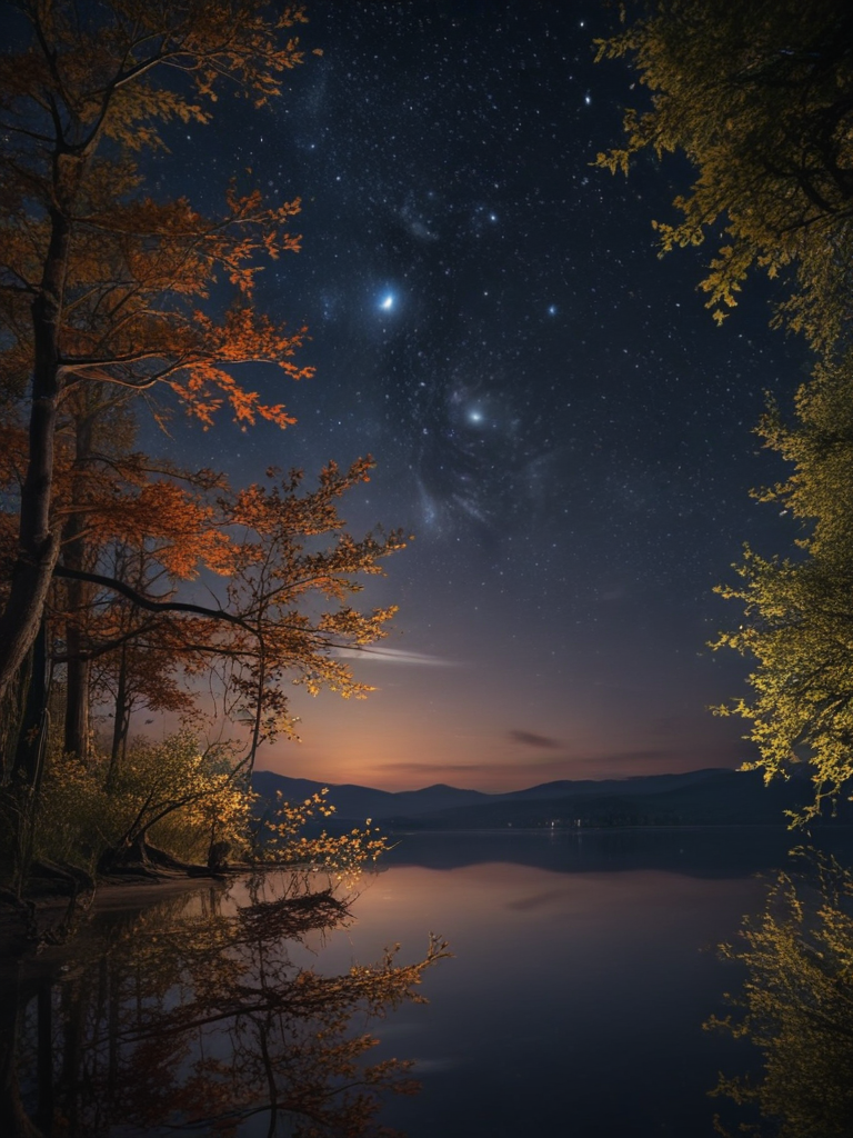 Tranquil Lake Under a Starry Night Sky with Colorful Autumn Foliage