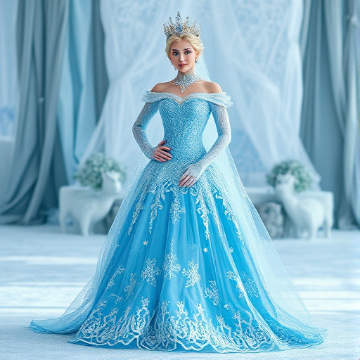 Create a high-resolution image of a fantasy ice queen standing confidently in an elaborately designed blue and white gown with delicate lace textures, captured in soft natural light using a DSLR camera with a 50mm lens, f/1.8 aperture, ISO 100, and a panoramic view to enhance the ethereal atmosphere.