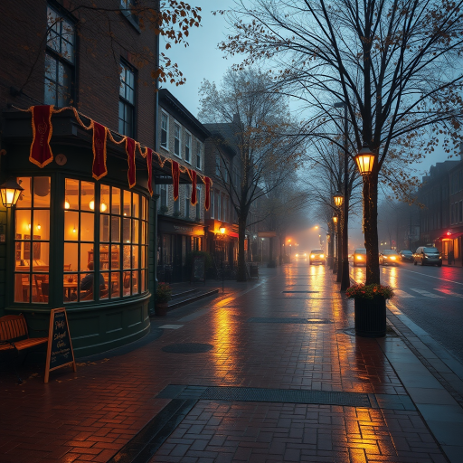 A cozy street scene in the evening with a quaint café featuring large windows glowing with warm lights surrounded by autumn leaves and brick pavement reflecting a gentle rain with a hint of fog in the air.
