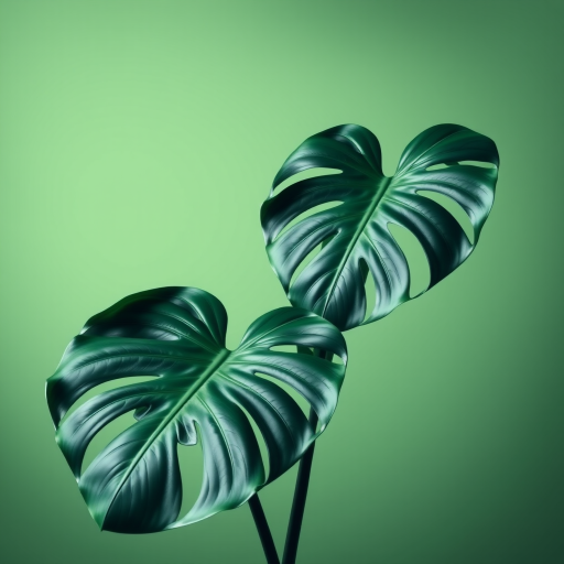 Create a high-quality digital illustration of two monstera leaves on a soft green background, using a Canon EOS R5 with a 50mm f/1.2 lens, aperture set to f/2.8, ISO 100, in a studio lighting setup for enhanced detail and vibrant colors.