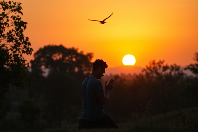 A serene landscape during sunset with a person in silhouette praying, surrounded by lush trees and a golden sky, a bird flying above, captured with a Canon EOS R5, 50mm lens, aperture f/1.8, ISO 100, natural lighting, soft focus background, HDR effect.