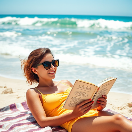 Sunny beach at midday, waves crashing rhythmically onto the shore, a woman lies on a striped towel, her sunglasses reflecting the bright blue sky as she reads a paperback novel.
