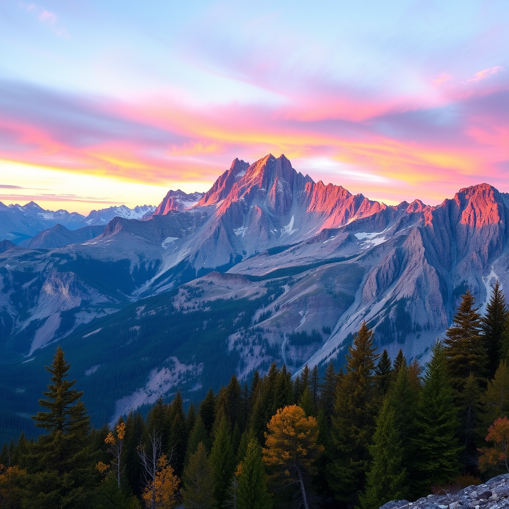 Generate a high-quality digital artwork of a majestic mountain landscape at sunrise with vibrant colors and clear skies, captured with a Canon EOS R5 camera, using a 24-70mm f/2.8 lens, at a focal length of 35mm, aperture set to f/8, ISO 100, and a shutter speed of 1/125 sec, aerial view style for depth.