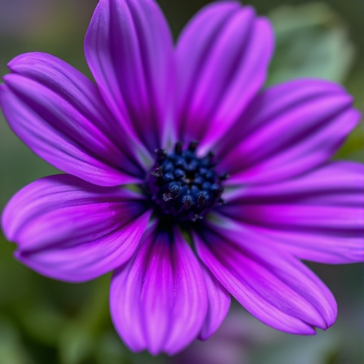 close-up of a purple flower with detailed petals and a dark center, ISO 100, f/2.8, 1/200 sec, macro lens, soft focus background, natural light, DSLR camera