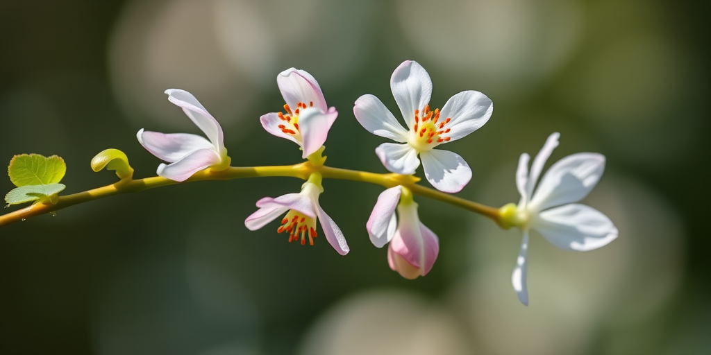A close-up shot of a delicate flower stem featuring four flowers with soft petals and prominent leaves, shot with a Canon EOS R5 at f/2.8, ISO 100, 1/200 sec, with natural light and a shallow depth of field to create a softly blurred background, emphasizing the intricate details of the flowers.