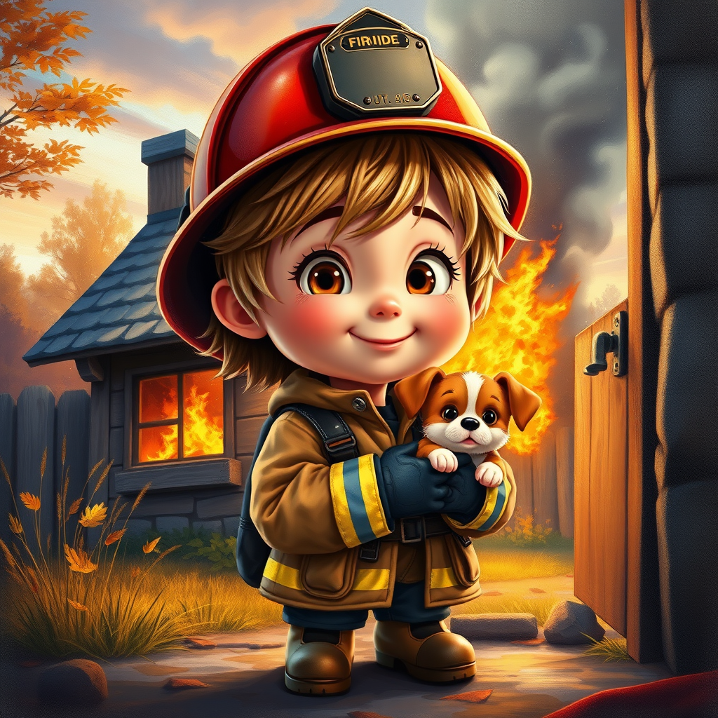 airbrushed oil painting, pixar style, cute little girl in fireman gear, helmet, tousled hair, expressive eyes, standing in the doorstep of a cottage burning behind him, holding a cute little dog in her arm, atumn sky