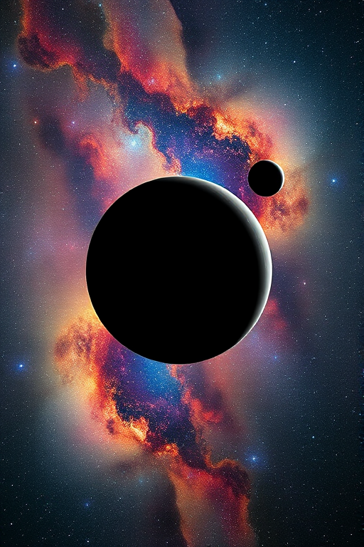 Generate a high-resolution image of a vibrant cosmic scene featuring a large, dark planet in the foreground, a smaller moon nearby, and a colorful galaxy in the background, captured with a wide-angle lens at f/2.8, ISO 100, shutter speed 1/200s, using a DSLR camera with astrophotography settings.