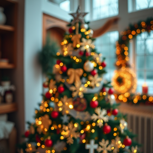 Create a high-resolution image of a stylized Christmas tree with intricate designs, shot with a DSLR camera at f/2.8 aperture, ISO 100, 50mm lens, in a well-lit indoor setting, utilizing a soft focus effect to enhance the details.