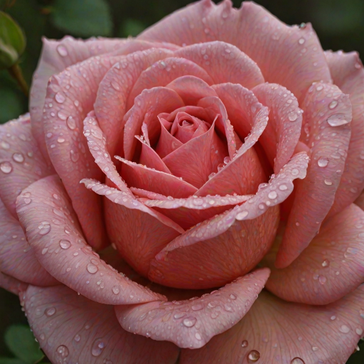 Create an image of a single rose with dew drops on its petals. The rose should be in full bloom and the background should be blurred with a hint of greenery. The rose should be captured from a side angle, showcasing its vibrant color and intricate petal structure.