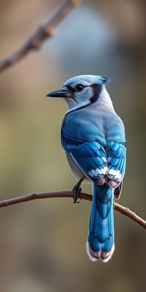 Blue jay perched on a branch with soft bokeh background, f/4 aperture, ISO 200, 1/200s shutter speed, captured with a Canon EOS 5D Mark IV, 300mm lens in portrait orientation, natural light.