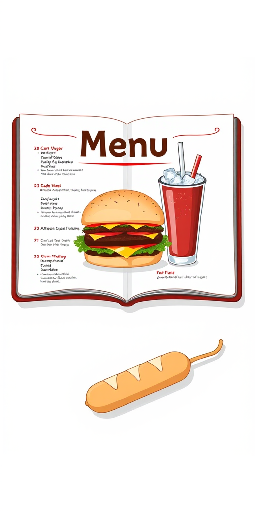 illustration of an open menu featuring a burger, a drink with ice, and a corn dog on a plain background, captured with a DSLR camera, f/2.8 aperture, 50mm lens, natural lighting, 300dpi resolution