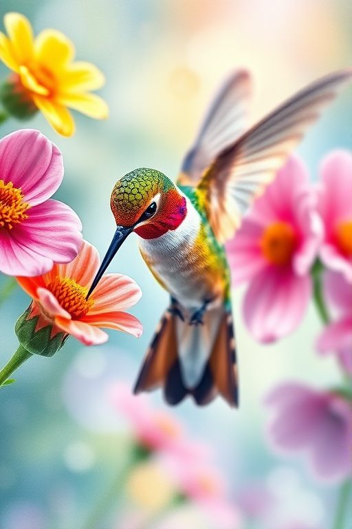 Create a vibrant watercolor illustration of a hummingbird feeding on colorful flowers, using soft brush strokes and a harmonious color palette, captured with a Canon EOS R5, 50mm lens, f/1.8 aperture, ISO 100, 1/200s shutter speed, in a macro style for enhanced detail and clarity.